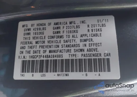 2011 Honda Accord 2.4 Lx-P z USA, uszkodzony, nr VIN 1HGCP2F44BA084885